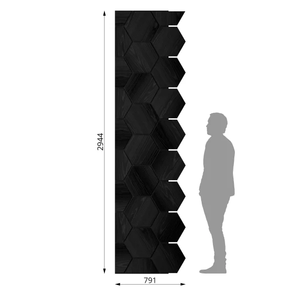 Ribbon-Hexagon Black Diamond Ash start panel with White acoustic felt with dimensions