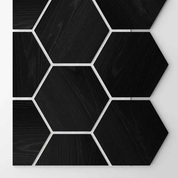 Ribbon-Hexagon Black Diamond Ash start panel with white acoustic felt with dimensions