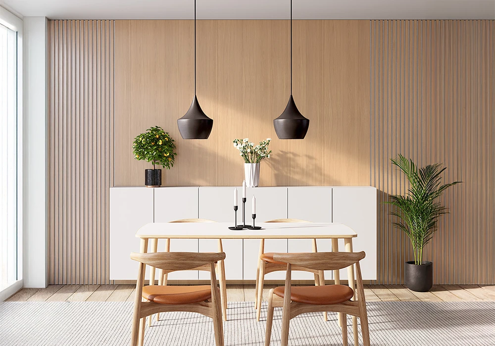 WS-Wood Diamond Oak wall pane and Ribbon-Wood Diamond Oak acoustic panels in dining room